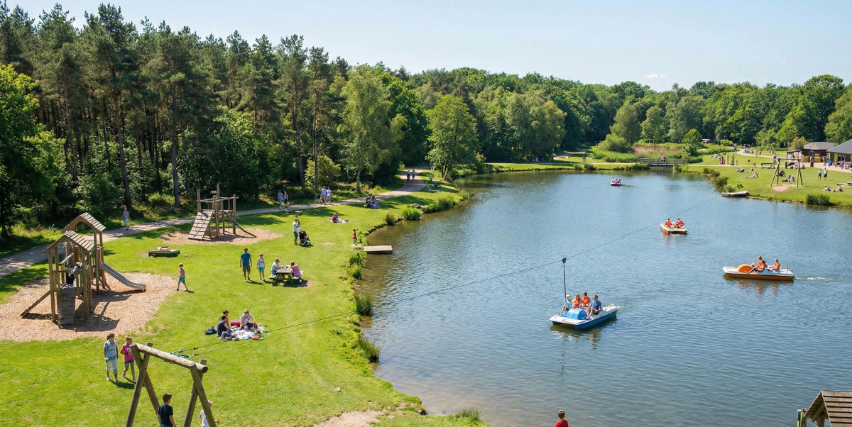 Vue d'ensemble ensoleillée du plan d'eau, de la forêt environnante et des familles profitant des activités au Parc Loisirs et Nature de la Porte du Hainaut.